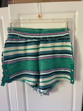 FP Movement by Free People Teal Green Striped Frayed Hem Shorts